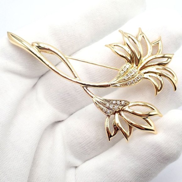 Rare! Vintage Mikimoto 18k Yellow Gold Diamond Large Double Flower Brooch - Picture 2 of 10